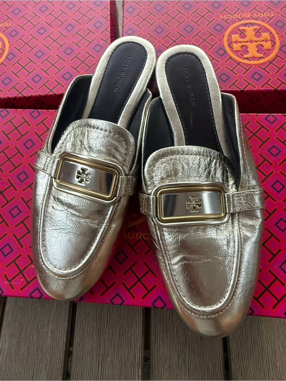Tory Burch Ines Platform Espadrille Mule Loafers Metallic Gold Leather Size 7